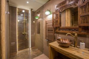 W łazience znajduje się umywalka i prysznic. w obiekcie willa TATIANA folk w Zakopanem