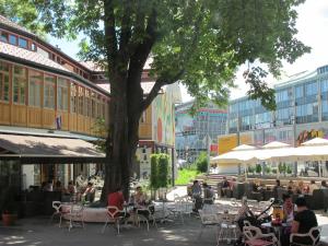 grupa ludzi siedzących przy stołach pod drzewem w obiekcie MCC Hostel w mieście Celje