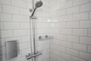 a shower with a shower head in a bathroom at Lankanholmen in Andenes