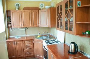 Elle comprend une petite cuisine avec des placards en bois et un évier. dans l'établissement Apartments on Svobody 39, à Oujhorod