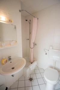 a bathroom with a sink and a toilet and a shower at Landhaus Havelse in Garbsen