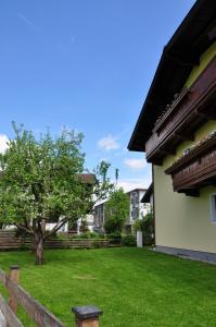 ein grüner Hof mit einem Baum und einem Gebäude in der Unterkunft Haus Leo in Westendorf