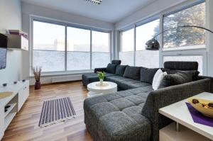 ein Wohnzimmer mit einem Sofa und großen Fenstern in der Unterkunft Apartments MODOM in Liptovský Mikuláš