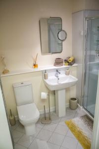 W łazience znajduje się umywalka, toaleta i lustro. w obiekcie Lexington Apartments w mieście Rothesay