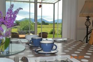 a table with blue cups and saucers on a table with a view at Annaswood B&B in Cahir