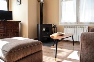 a living room with a couch and a wood stove at Apartamentos SNÖ Mont Romies in Salardú