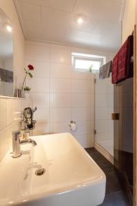 a bathroom with a white sink and a shower at Ferienwohnung Zum Ritzhagen in Willingen +25 photos