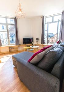 ein Wohnzimmer mit einem Sofa und einem TV in der Unterkunft charming city center flat in Rouen