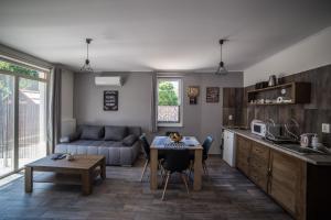 a kitchen and living room with a couch and a table at Boka Apartmanház in Gyula