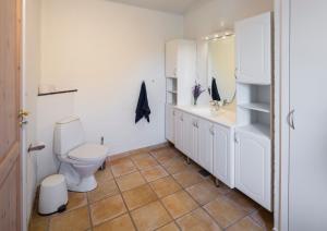 La salle de bains est pourvue de toilettes et d'un lavabo. dans l'établissement Pedersminde Guesthouse, à Fredensborg