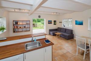a kitchen and living room with a couch and a sink at Pedersminde Guesthouse in Fredensborg