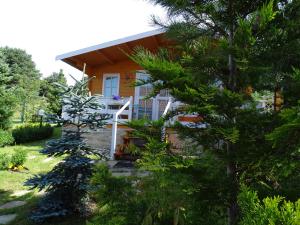 a cottage with trees in front of it at Lesny domek in Międzyzdroje