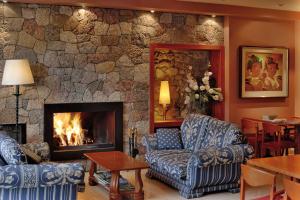 a living room with couches and a fireplace at Hostal Piteus in Sant Llorenç de Morunys