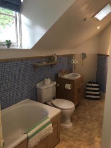 a bathroom with a toilet and a tub and a sink at Moult Sylvan in Salcombe