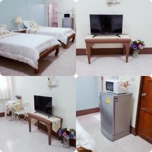 four pictures of a room with two beds and a tv at Chanathinat Place in Udon Thani