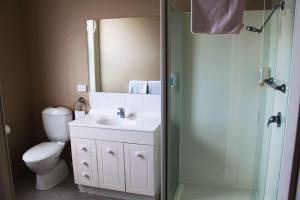 a bathroom with a toilet and a sink and a shower at Sporties Hotel in Launceston