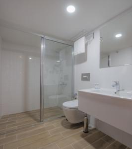 a bathroom with a shower and a toilet and a sink at Otel Vona in Ordu