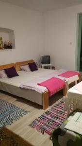 1 dormitorio con 2 camas y alfombra en Duna-Lak Vendégház en Apostag
