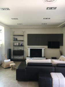 Villa Evi في إيكسيا: غرفة معيشة مع أريكة ومدفأة