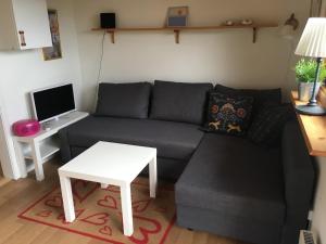 a living room with a couch and a table at Stuga 3 in Hamburgsund