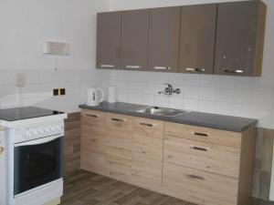 a kitchen with a sink and a stove at Ubytovani U babicky in Velké Losiny