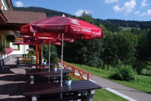 a red cocacola umbrella sitting on a picnic table at Penzion Martin in Janske Lazne