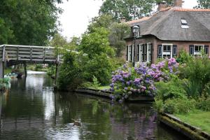 a house with flowers on the side of a river at Hotel de Harmonie in Giethoorn