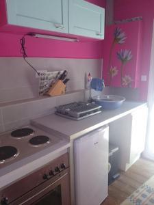 een keuken met roze muren, een wastafel en een fornuis bij Ferienhaus Thom in Neubäu am See in Neubäu