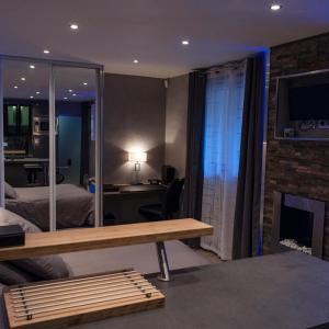 Schlafzimmer mit einem Bett, einem Schreibtisch und einem Kamin in der Unterkunft Cocoon'Inn Toulouse in Toulouse