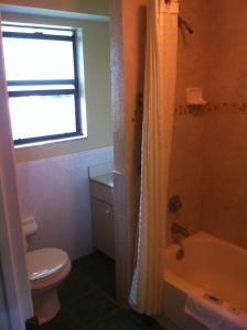 La salle de bains est pourvue de toilettes, d'un lavabo et d'une douche. dans l'établissement Orange City Motel - Orange City, à Orange City