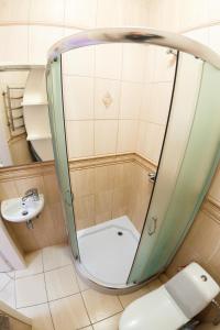 リヴィウにあるZamarstynivska apartmentのバスルーム(シャワー、トイレ、洗面台付)