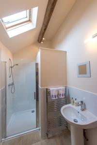 a bathroom with a shower and a sink at Paddock Cottage in Newport