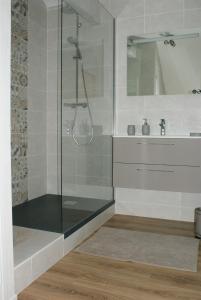 a shower with a glass door in a bathroom at Aux Agapanthes in Pluherlin