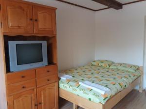 a bedroom with a bed and a dresser with a tv at Maksai Vendégház in Ocna de Sus