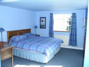 Dormitorio azul con cama y ventana en Church Hill Farm, en Monmouth