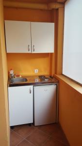 a small kitchen with a sink and a counter at Sobe Jana in Budva