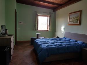 1 dormitorio con 1 cama azul en una habitación con ventana en La Luna nel Pozzo, en Riofreddo