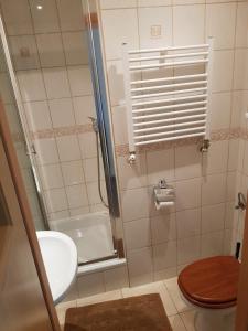 łazienka z prysznicem, toaletą i umywalką w obiekcie Villa Nina w Polanicy Zdroju +37 zdjęć