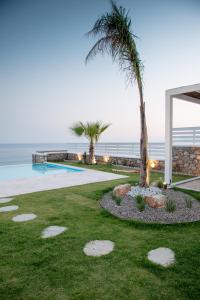 a garden with a palm tree and a swimming pool at Elements Villas in Lartos
