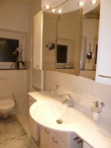 uma casa de banho com um lavatório, um WC e um espelho. em Appartements Margit em Vipiteno