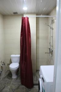 a bathroom with a toilet and a red shower curtain at Bakuriani Residence 165 in Bakuriani