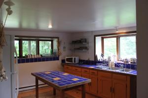 a kitchen with blue tiles on the counters and a sink at La Grange Country Inn in Wakefield