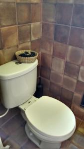 a bathroom with a toilet with a basket on top of it at Vinofilia Wine Country Inn in Valle de Guadalupe