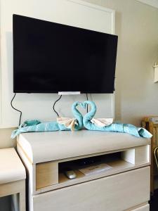 a flat screen tv sitting on top of a dresser at Apollo Inn - Cocoa in Cocoa