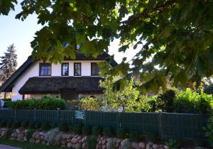 une maison avec une clôture devant dans l'établissement Ferienhaus-Strandflieder-in-Gross-Zicker-Halbinsel-Moenchgut, à Groß Zicker