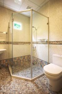 a shower stall in a bathroom with a toilet at Taomilu B&B in Puli +38 photos