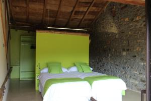 1 dormitorio con 1 cama con pared verde en Mas Ravetllat, en Isóbol