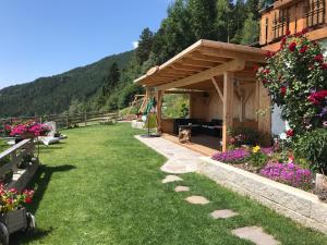 a backyard with a pergola with a dog under it at Zehrehof in Bressanone