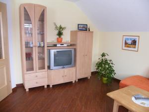 a living room with a tv and a cabinet at Hintereggerhof in Pruggern