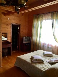 Schlafzimmer mit einem Bett, einem Fenster und einem TV in der Unterkunft Girska Khatynka in Slawske